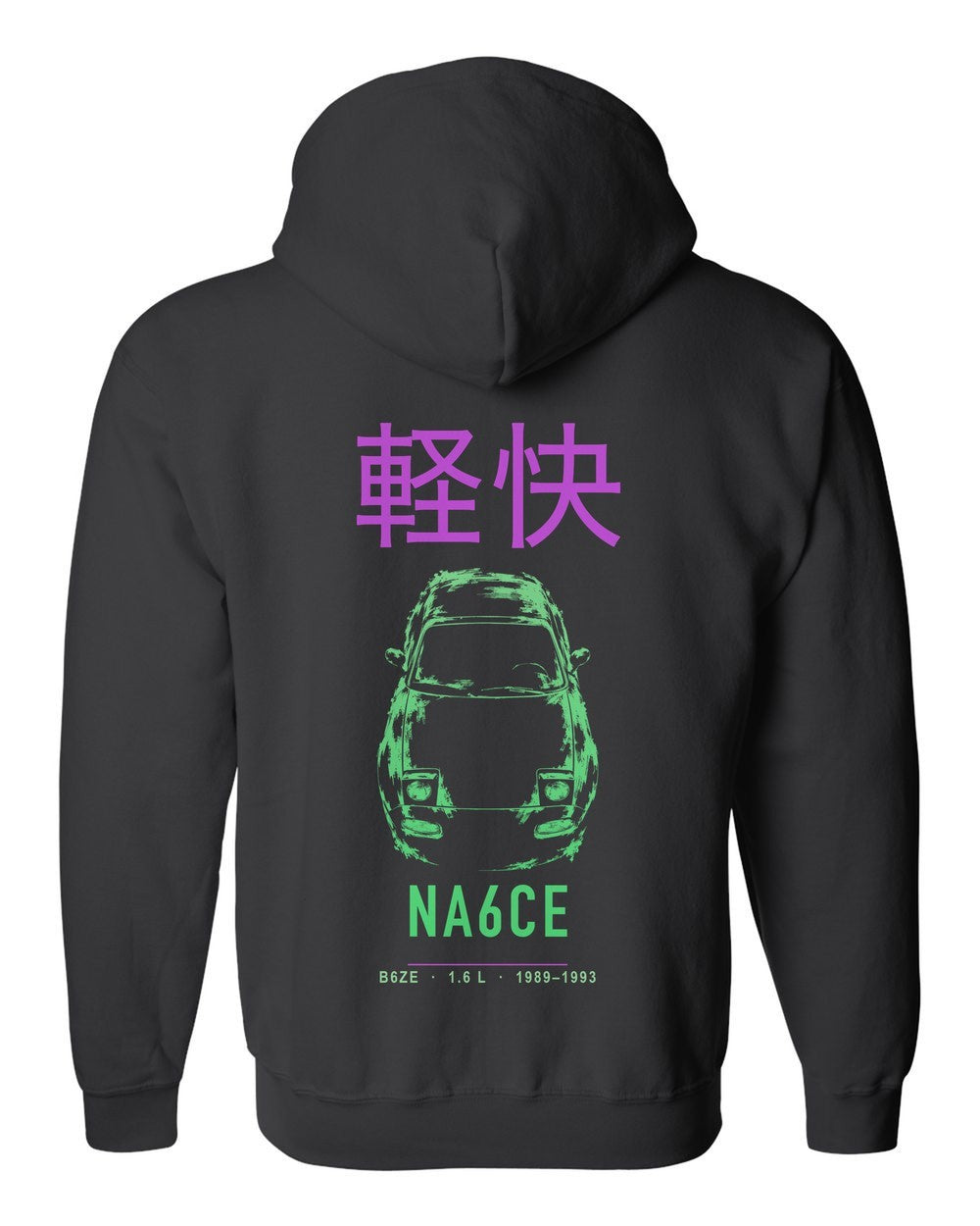 NA6CE full-back artwork black zip hoodie back view with the design