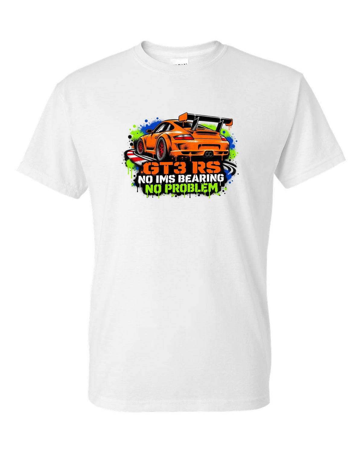 Porsche 996 GT3 RS graffiti stencil spray paint design with IMS joke white t-shirt front view with the design