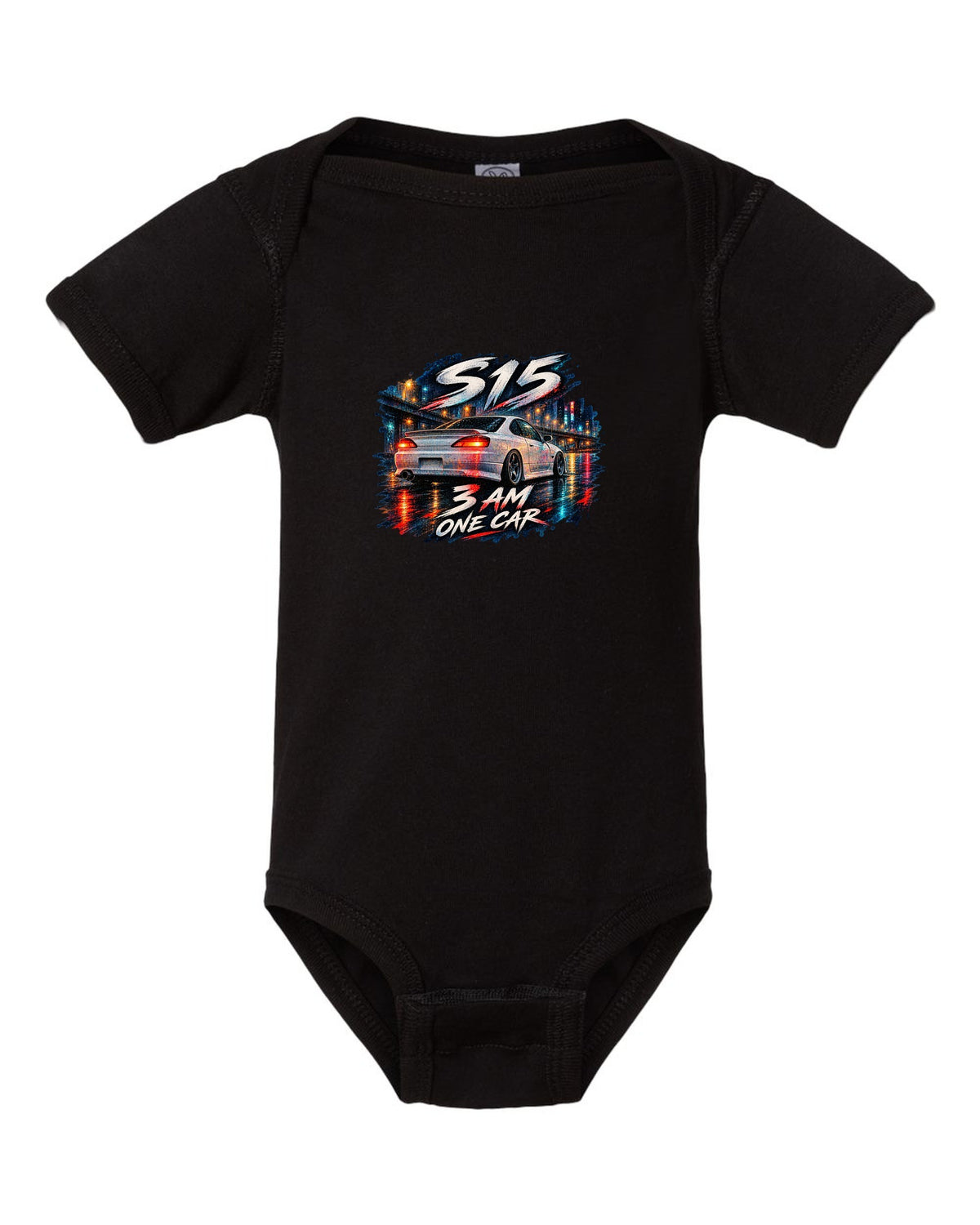 Watercolour wet-road night scene of a Nissan Silvia S15 at 3 AM black baby onesie front view with the design