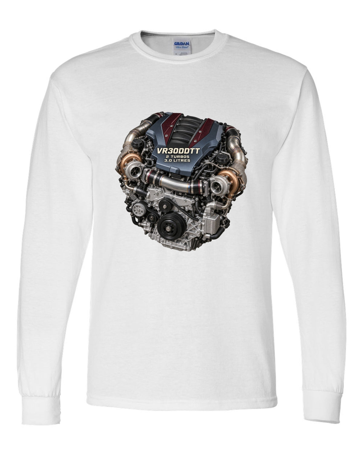 Hero image of a Nissan VR30DDTT twin-turbo V6 engine from the RZ34 Z white long sleeve front view with the design