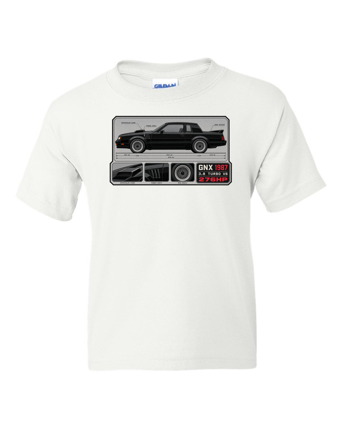 1987 Buick GNX datasheet spec layout with 3.8 turbo V6 and 276HP text white kids tee front view with the design
