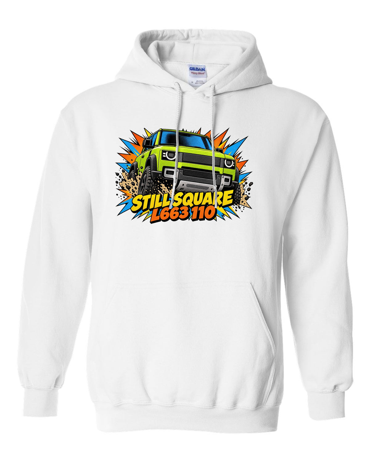Comic halftone pop-art close-up of a Land Rover Defender L663 headlight with L663 110 lettering white pull over hoodie front view with the design
