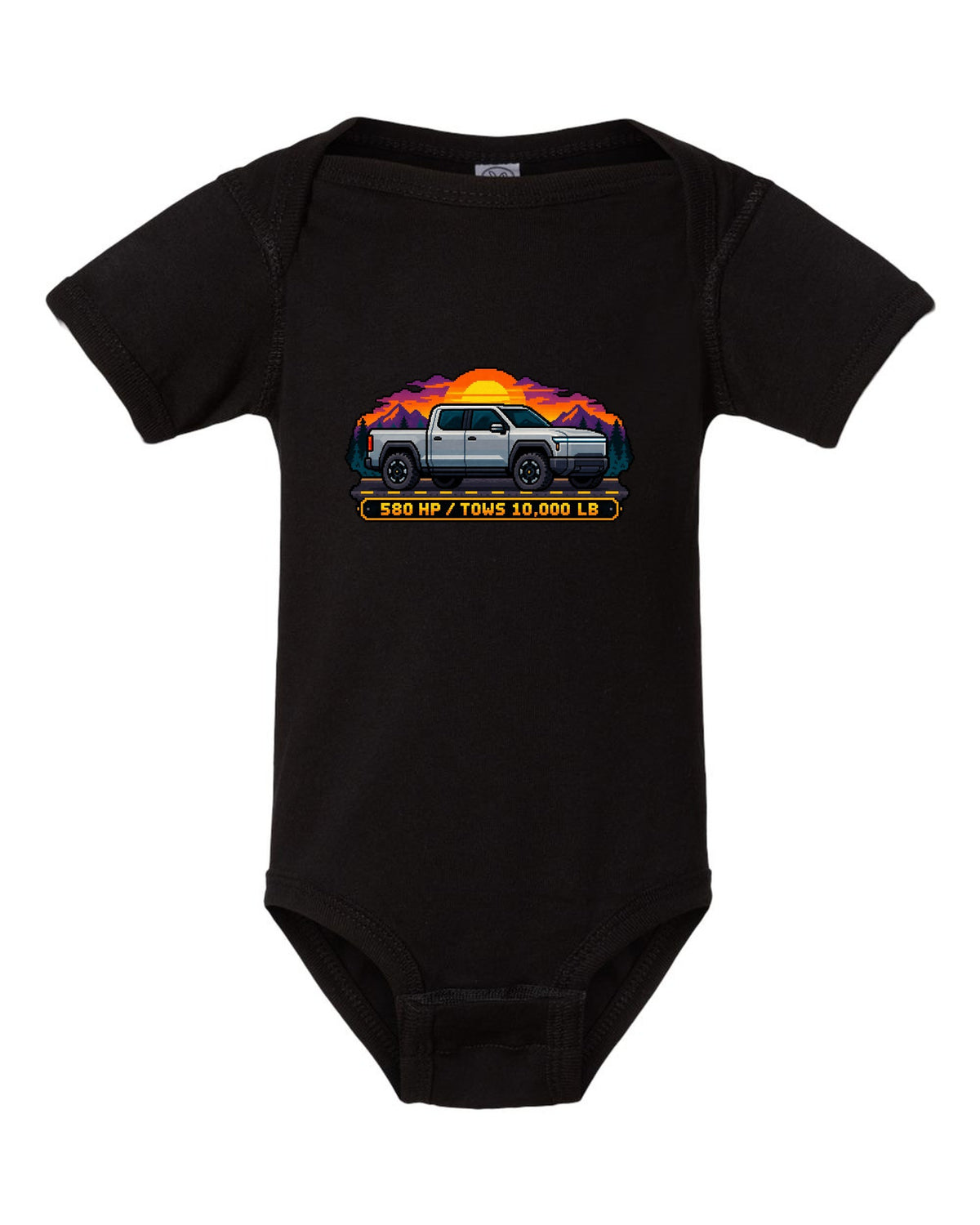 Ford F-150 Lightning 16-bit pixel art print with 580 HP and 10,000 lb towing text black baby onesie front view with the design