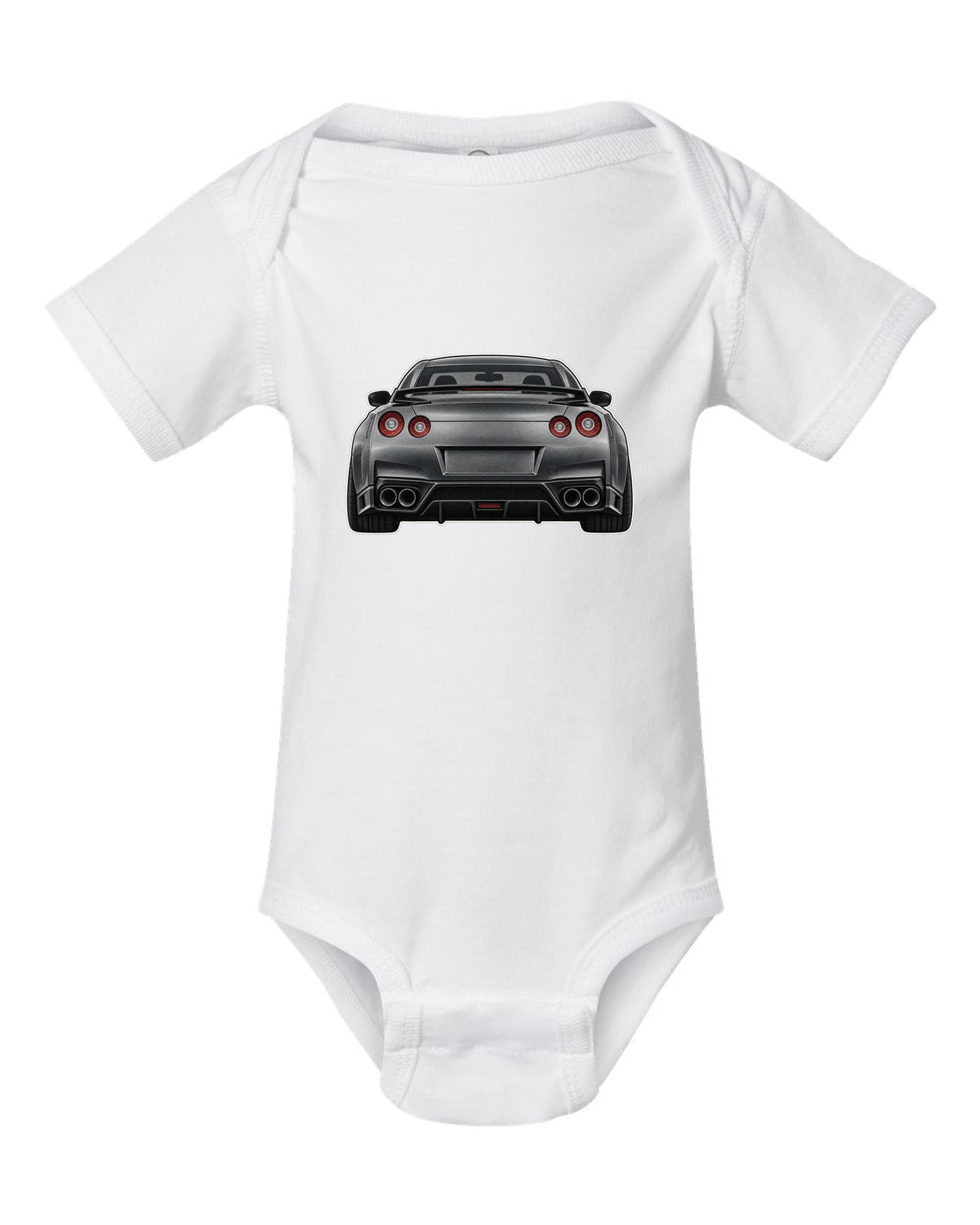 2023 Nissan Z Sport three-view drawing with spec table in warm grey white baby onesie front view with the design