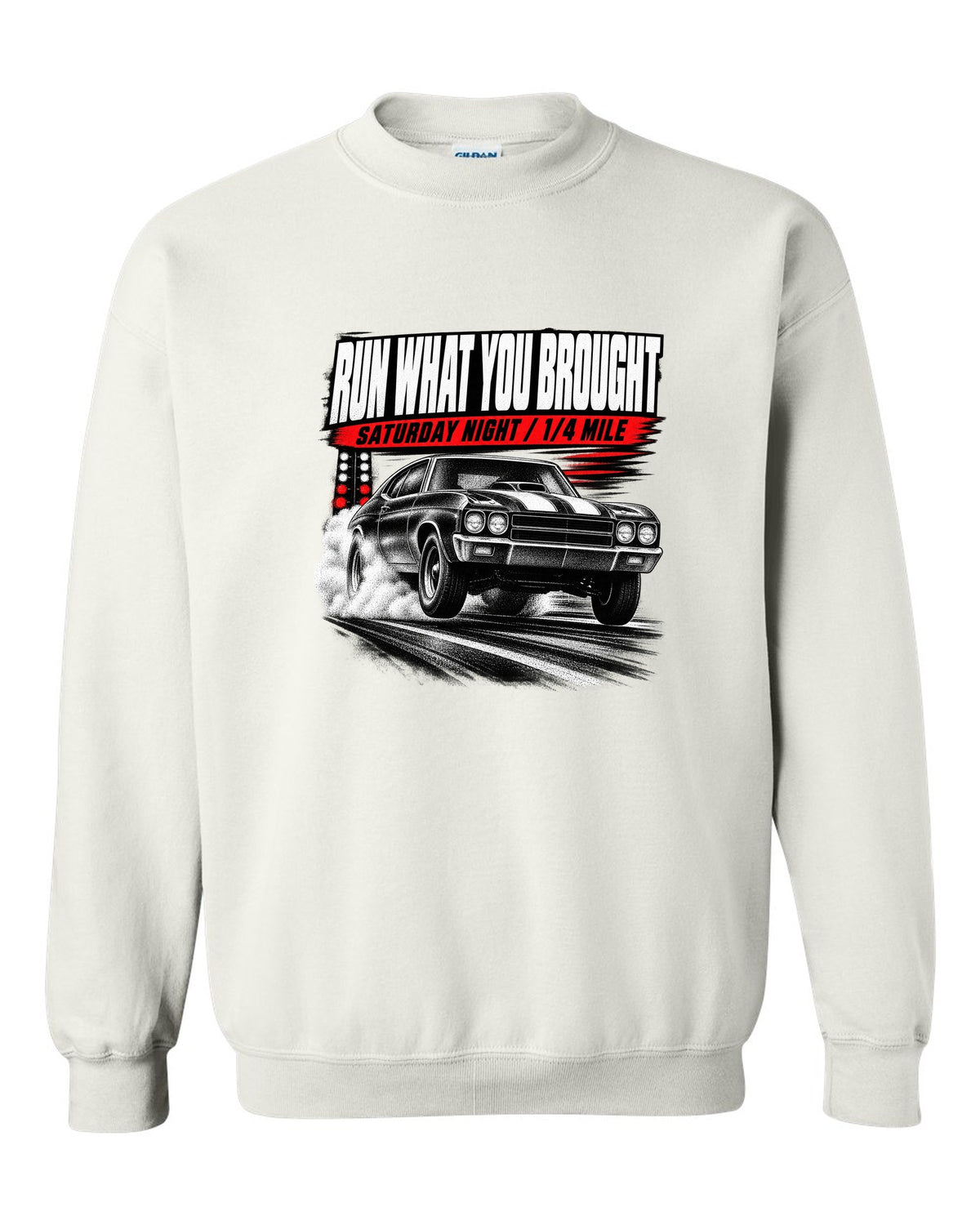 Race-poster print of a 1970 Chevrolet Chevelle SS with run w you brought and quarter mile text white crewneck front view with the design