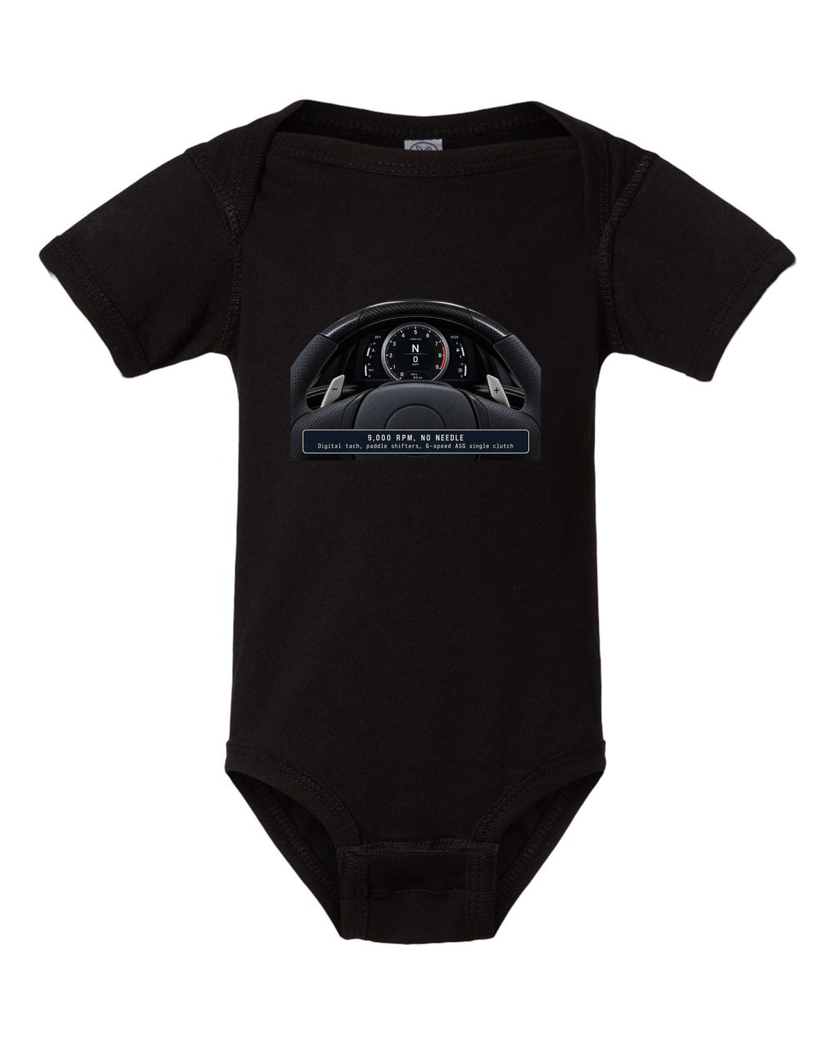 Engine hero print of the Lexus LFA 1LR-GUE 4.8 L V10 black baby onesie front view with the design