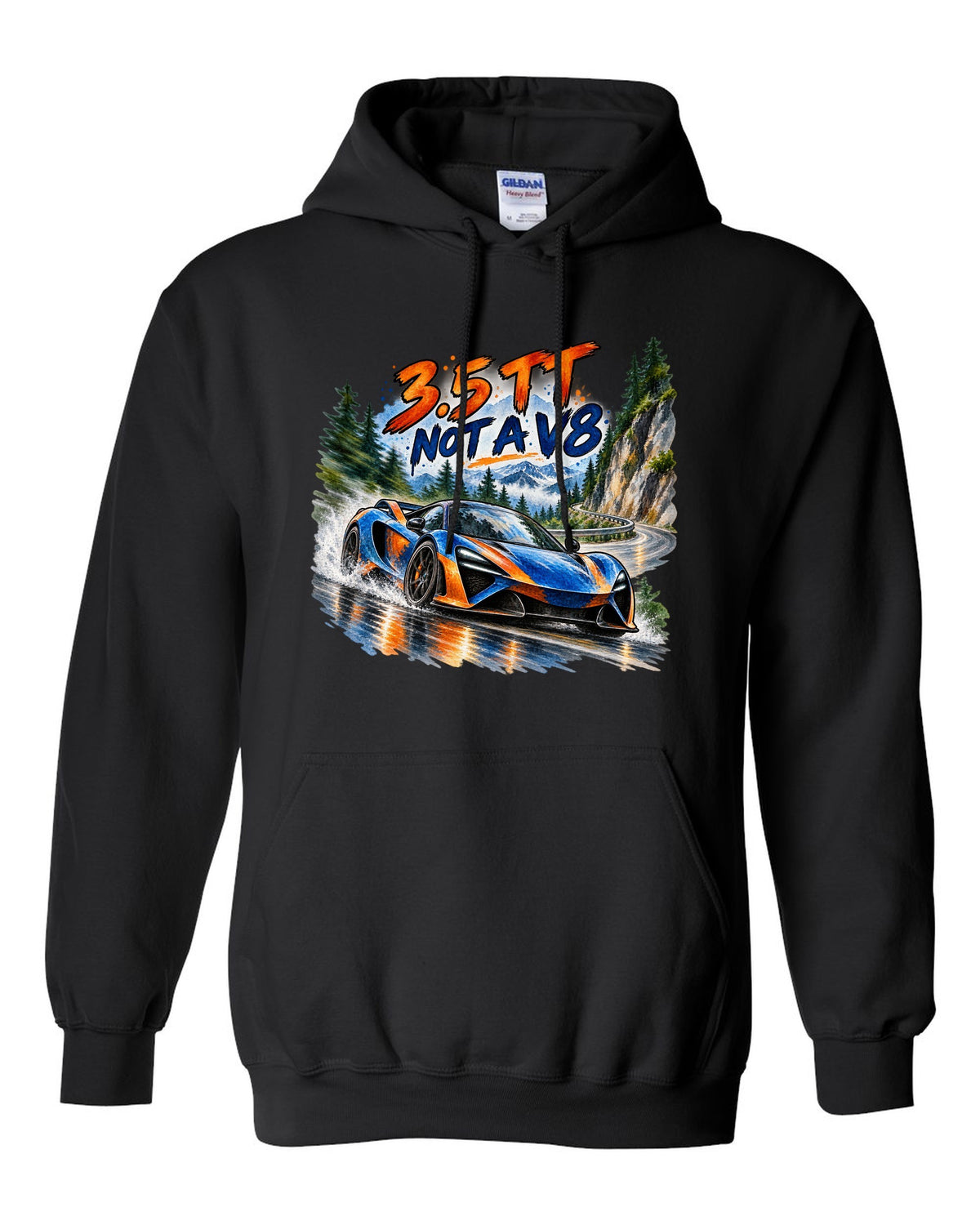 Ford GT 2017-2022 on a hairpin in a watercolour wash print black pull over hoodie front view with the design