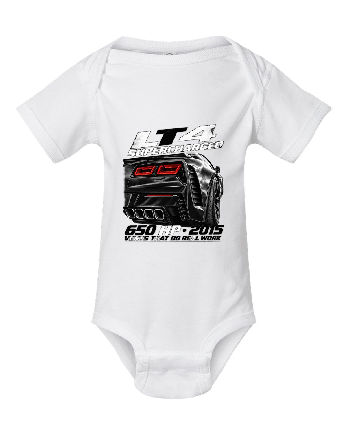 Corvette C7 Z06 rear vents close-up with LT4 650 HP text white baby onesie front view with the design