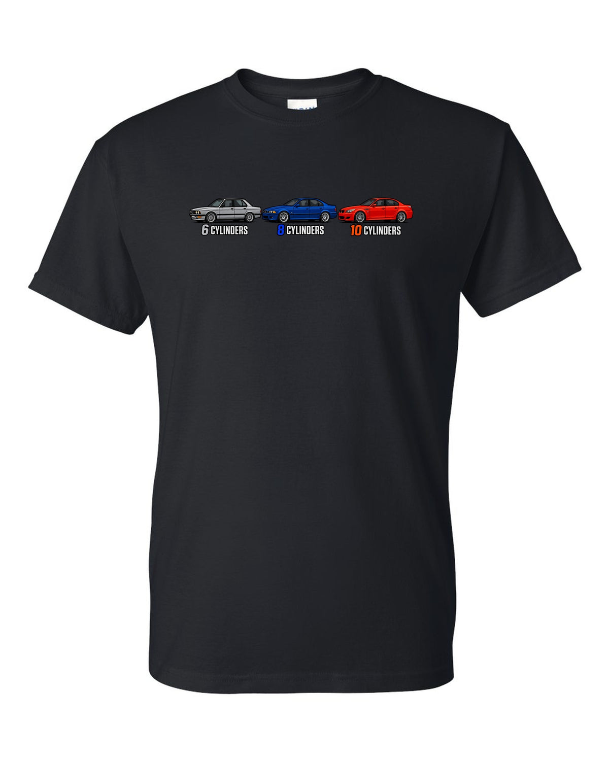 Generation lineup print of the BMW M5 E28, E39 and E60 with 6, 8 and 10 cylinders text black t-shirt front view with the design