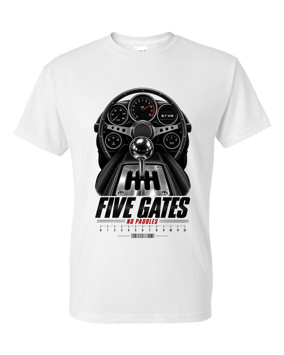 print of a Lamborghini Diablo cockpit with gated five-speed shifter and 5.7 V12 text white t-shirt front view with the design