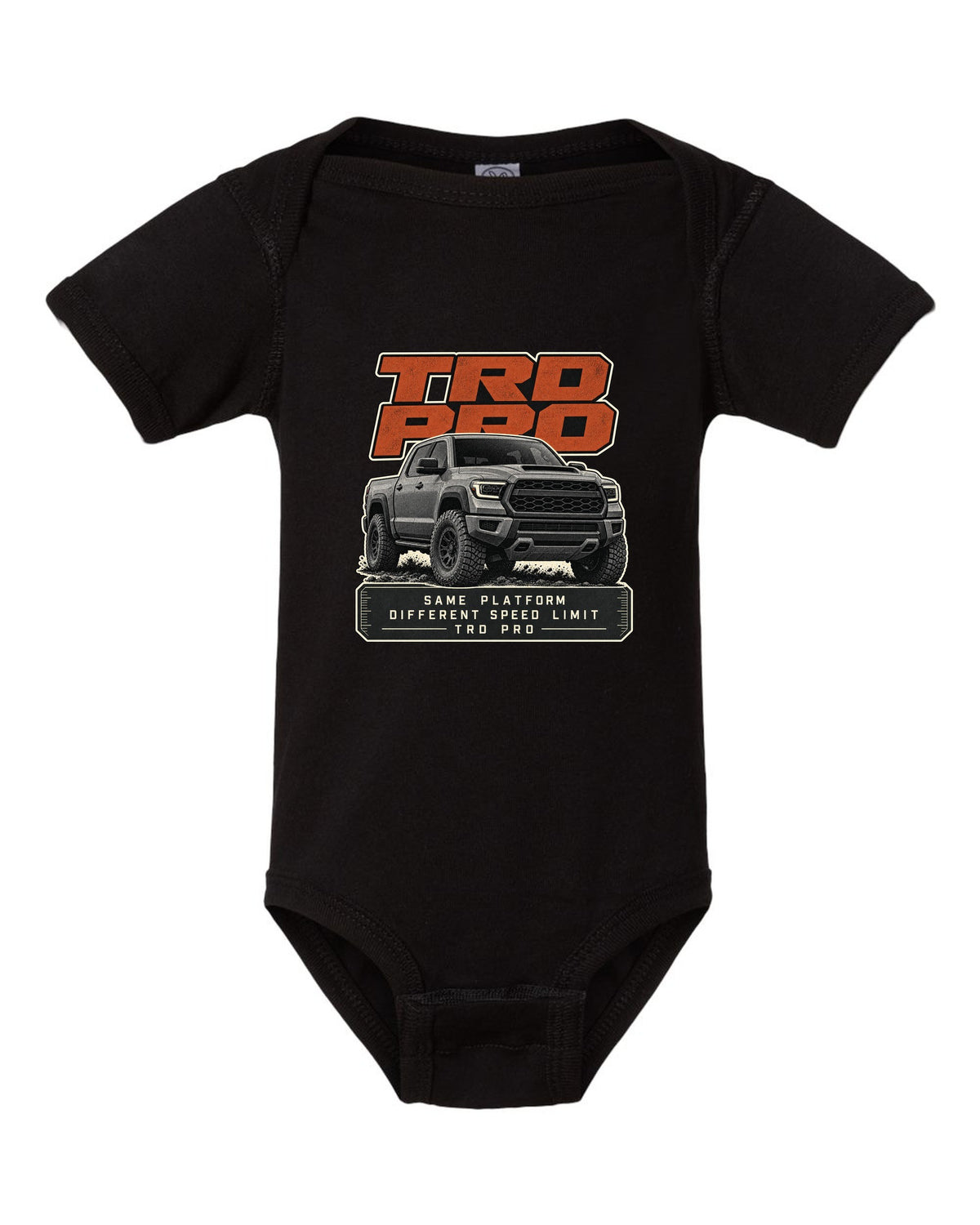 Toyota Tundra TRD Pro halftone statement design black baby onesie front view with the design