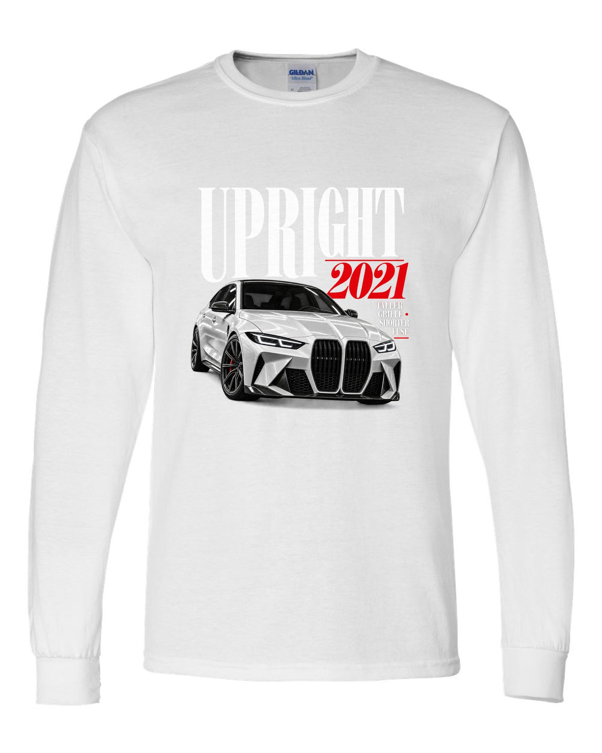 BMW G80 M3 editorial print with upright 2021 headline and grille tagline white long sleeve front view with the design