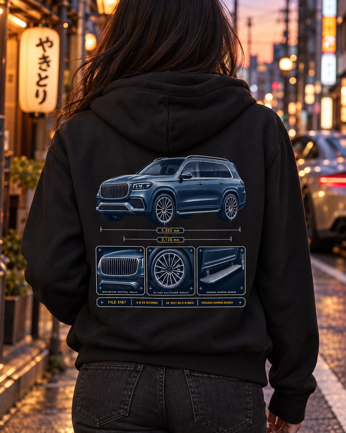 Mercedes-Maybach GLS 600 X167 Dossier print, SUV Car Tee Zip Hoodie Black worn hero