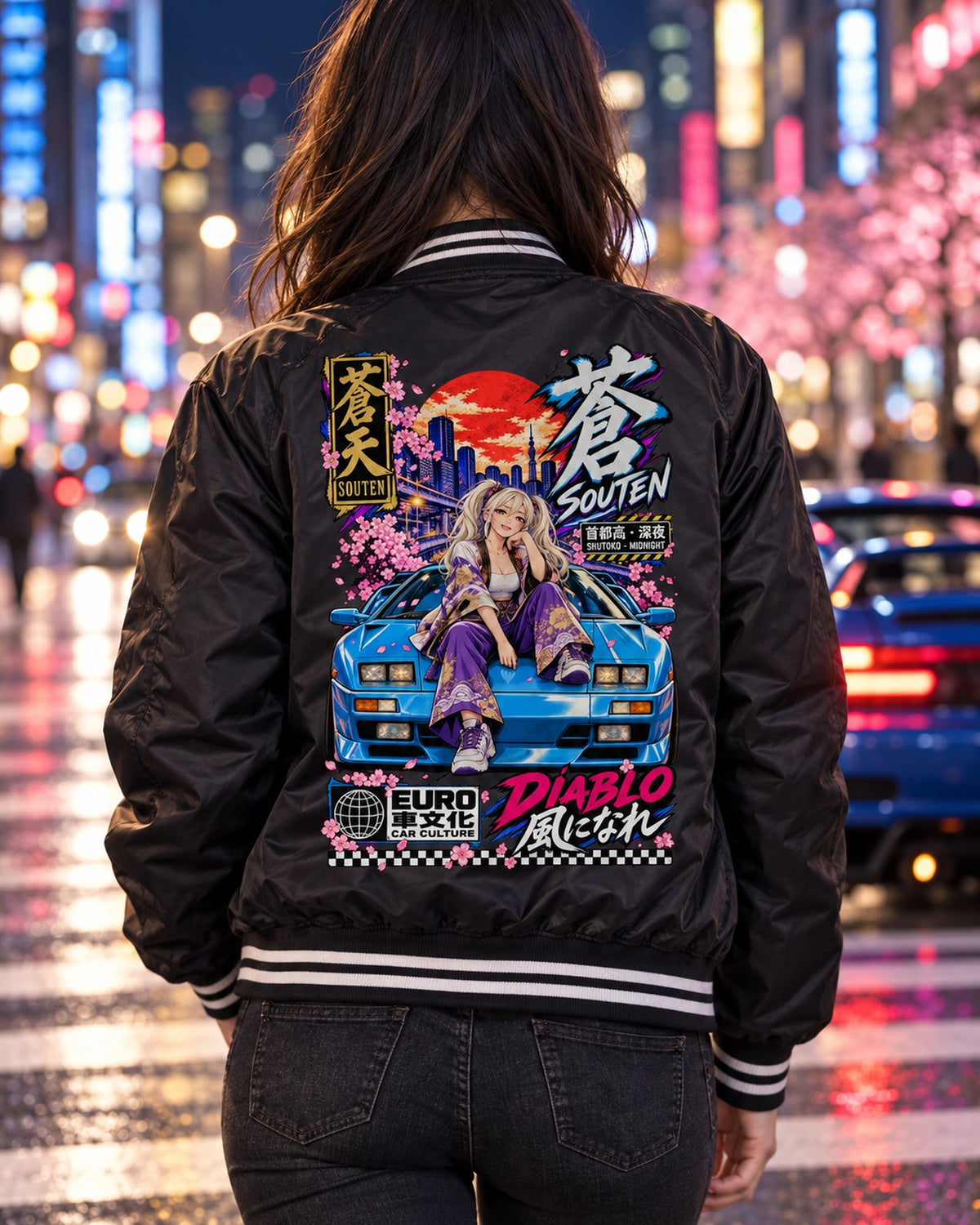SOUTEN DIABLO Anime Girl Full-Back Graphic Tee Bomber Jacket Black worn hero