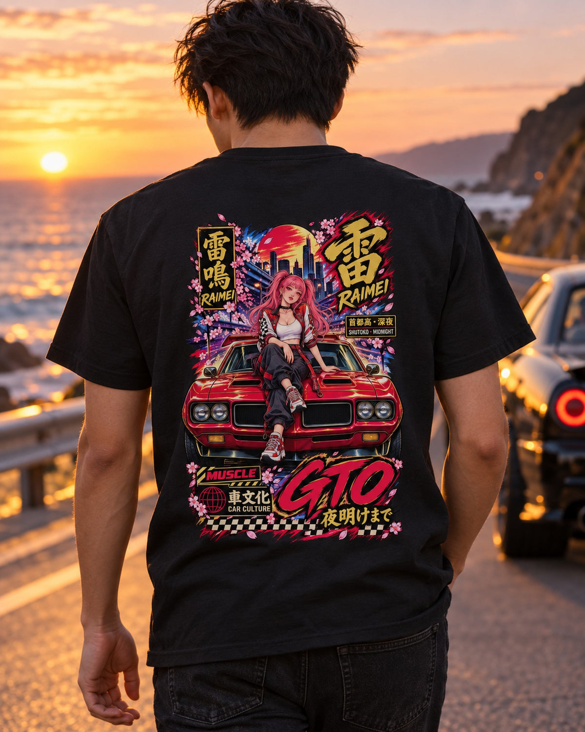 RAIMEI GTO Anime Girl Full-Back Graphic Tee T-Shirt Black worn hero