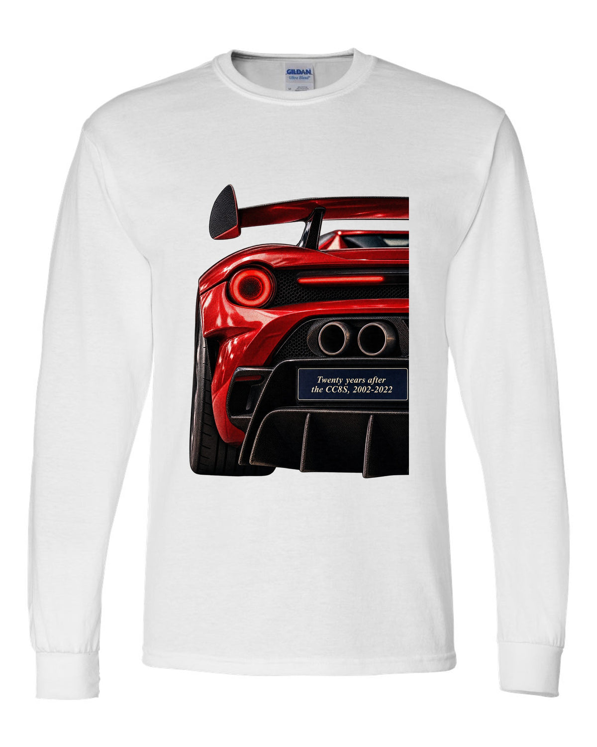 Taillight macro print of the Koenigsegg CC850 with the text twenty years after the CC8S, 2002-2022 white long sleeve front view with the design