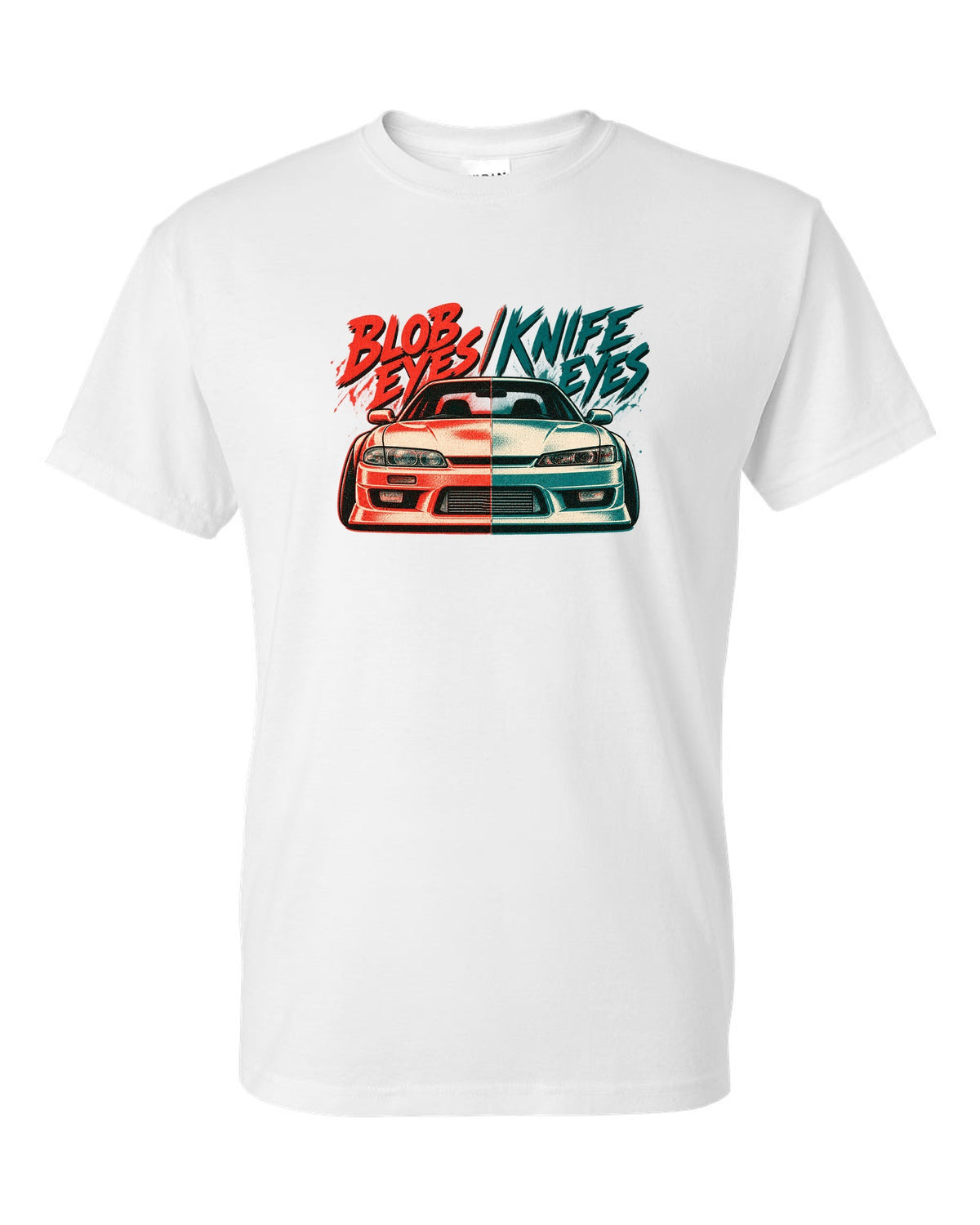 Risograph two-colour print comparing Nissan Silvia S14 zenki and kouki front ends white t-shirt front view with the design