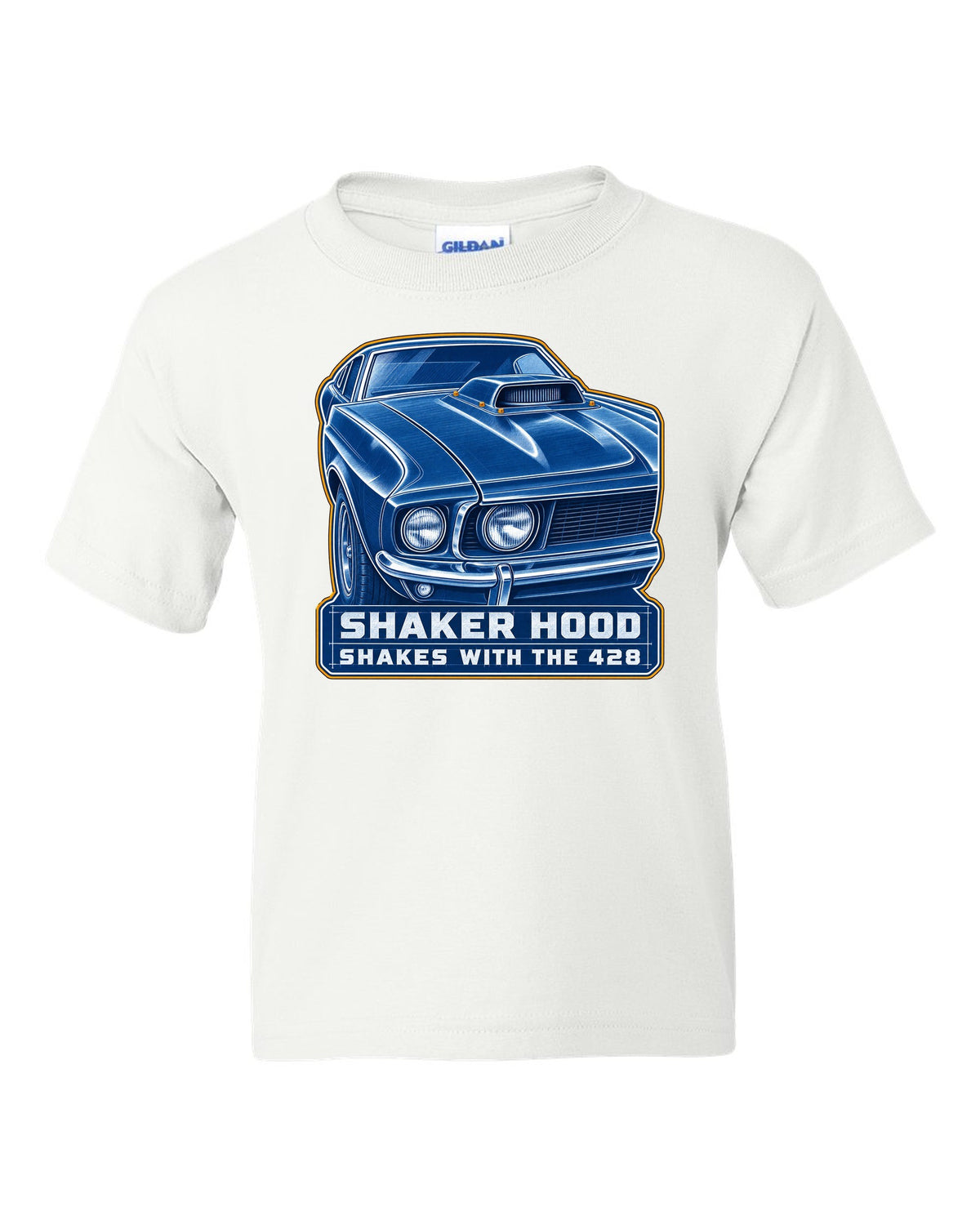 Cyanotype blueprint print of a 1969 Ford Mustang fastback shaker hood white kids tee front view with the design