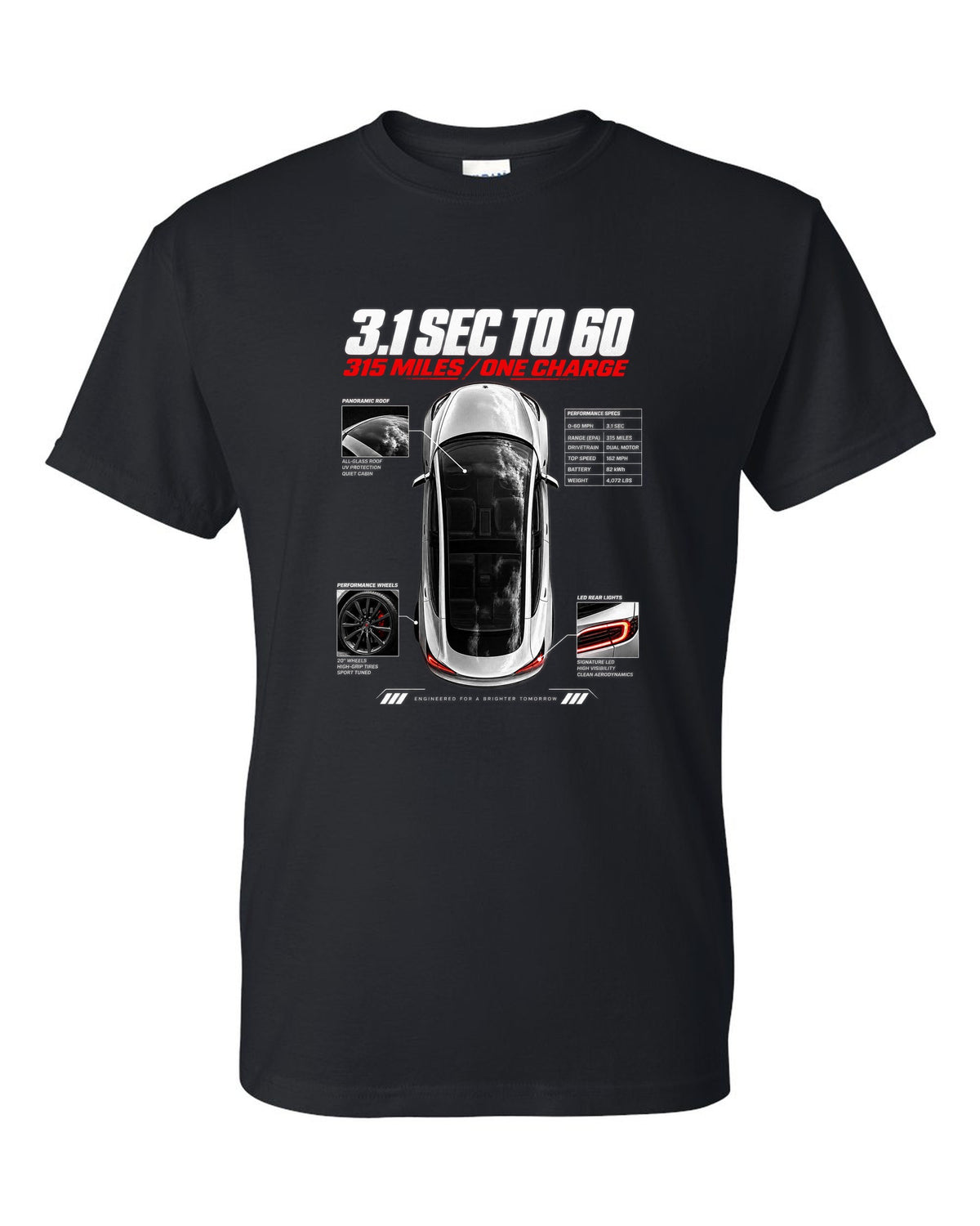 Top-down spec poster print of a Tesla Model 3 Performance with 0-60 and range figures black t-shirt front view with the design