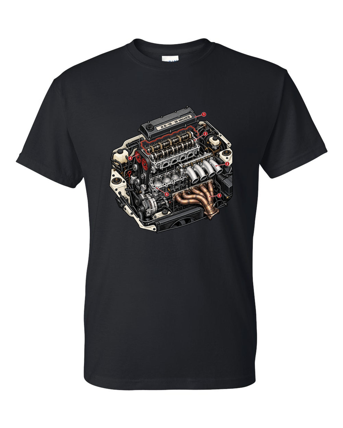 Exploded cutaway engine illustration for a Mercedes 190E 2.5-16 Evo II W201 black t-shirt front view with the design