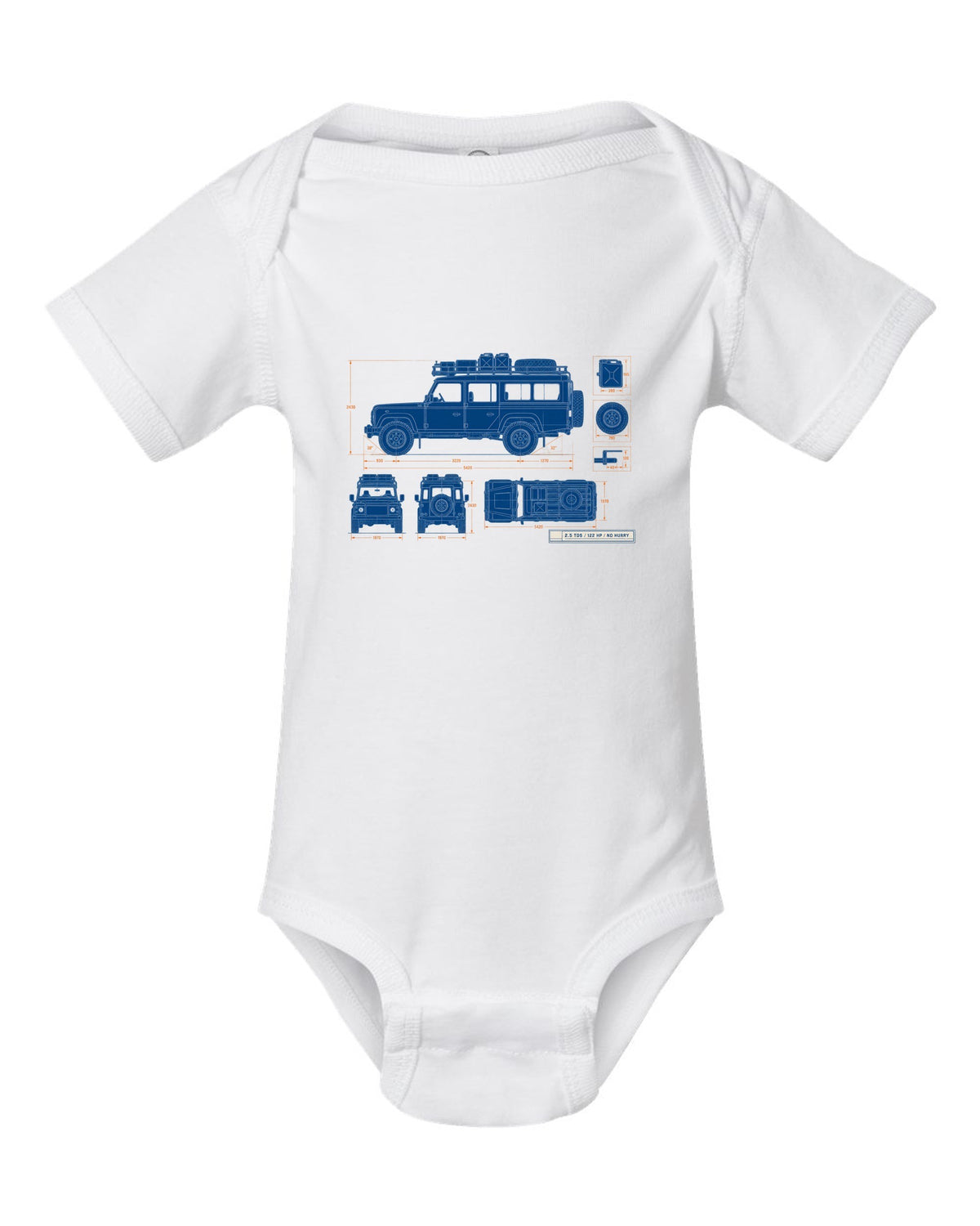 Blueprint line drawing print of a Land Rover Defender 110 Td5 with roof rack and 2.5 TD5 text white baby onesie front view with the design
