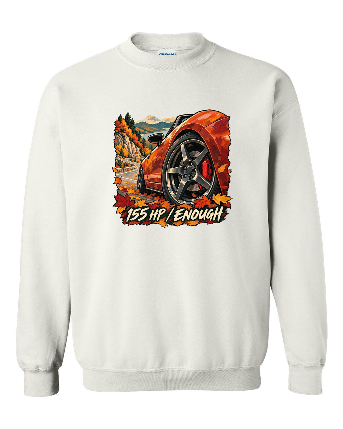 Painterly gouache illustration of a Mazda MX-5 ND on an autumn road with 155 HP / ENOUGH lettering white crewneck front view with the design