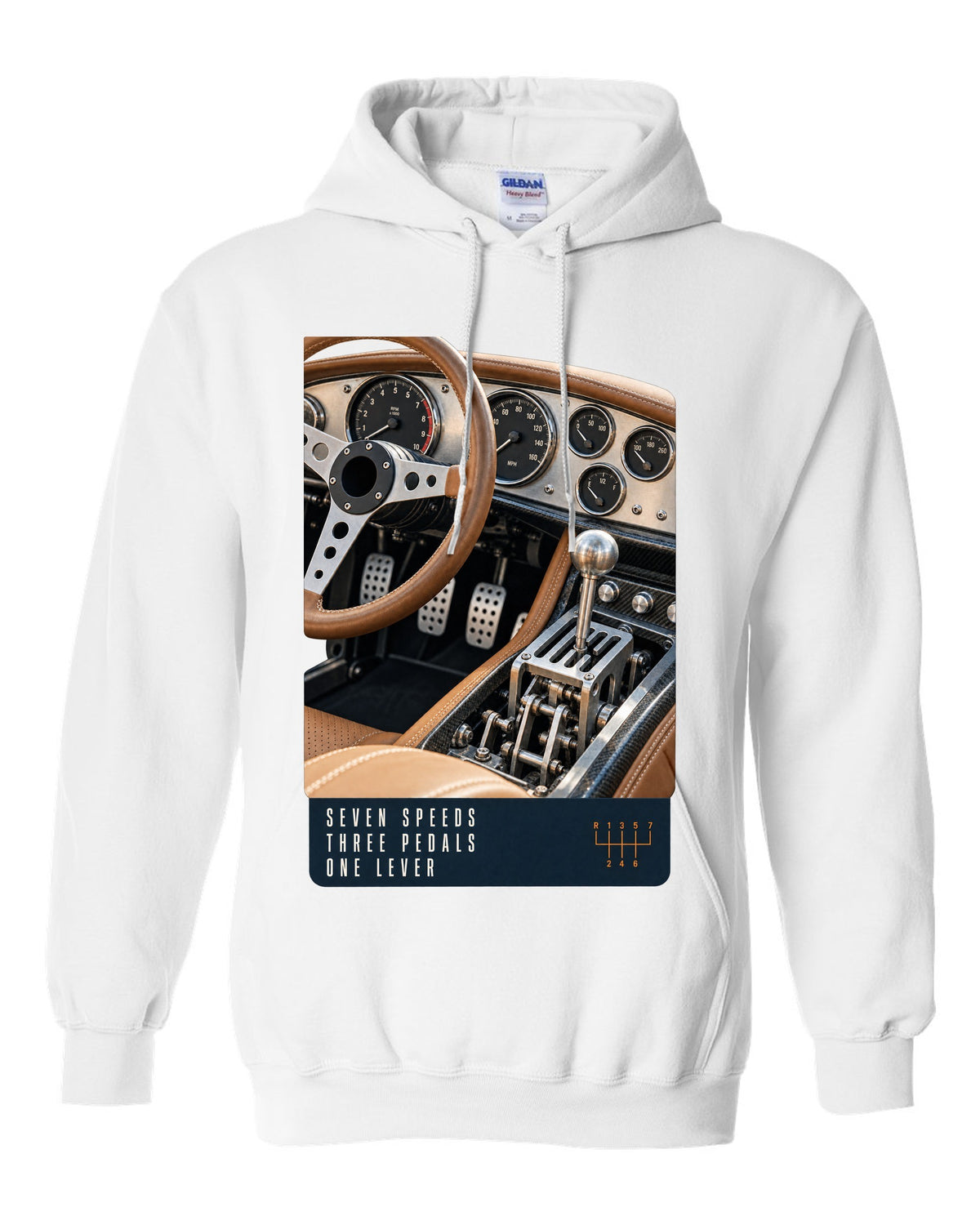print of the Pagani Utopia manual cockpit and gated shifter white pull over hoodie front view with the design