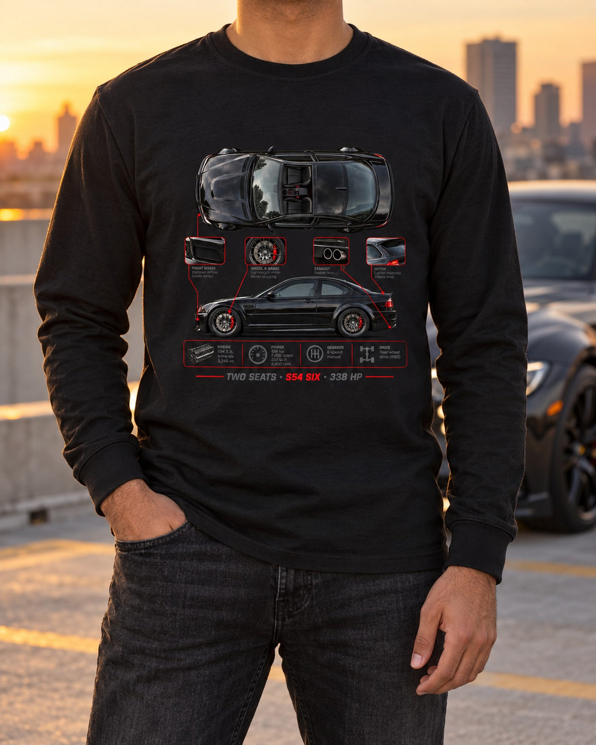 BMW Z4 M Coupe E86 Spec Poster Shirt, S54 Six 338 HP Long Sleeve Black worn hero