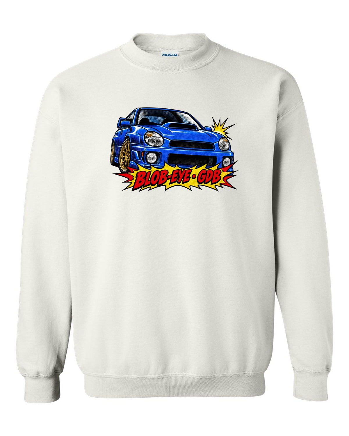 Halftone pop-art print of a Subaru Impreza WRX STI GDB with blob-eye GDB lettering white crewneck front view with the design