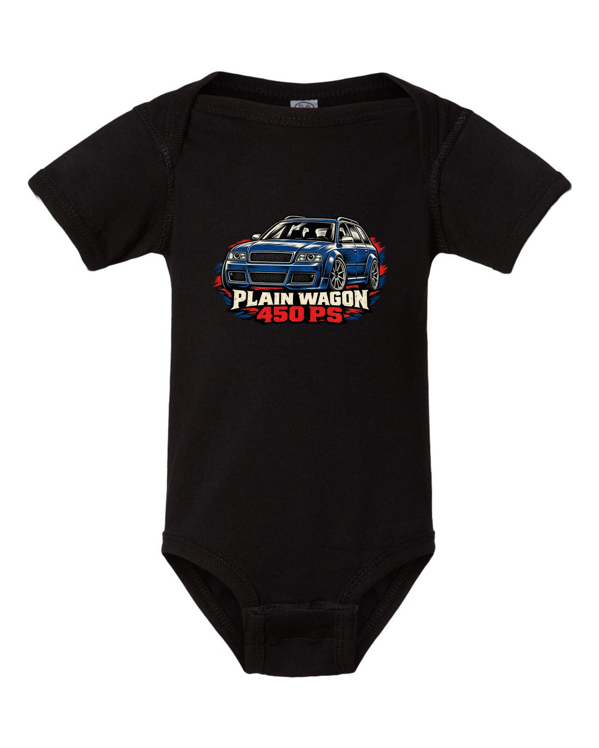 Linocut woodcut design of the Audi RS6 Avant C5 4B with plain wagon and 450 PS lettering black baby onesie front view with the design
