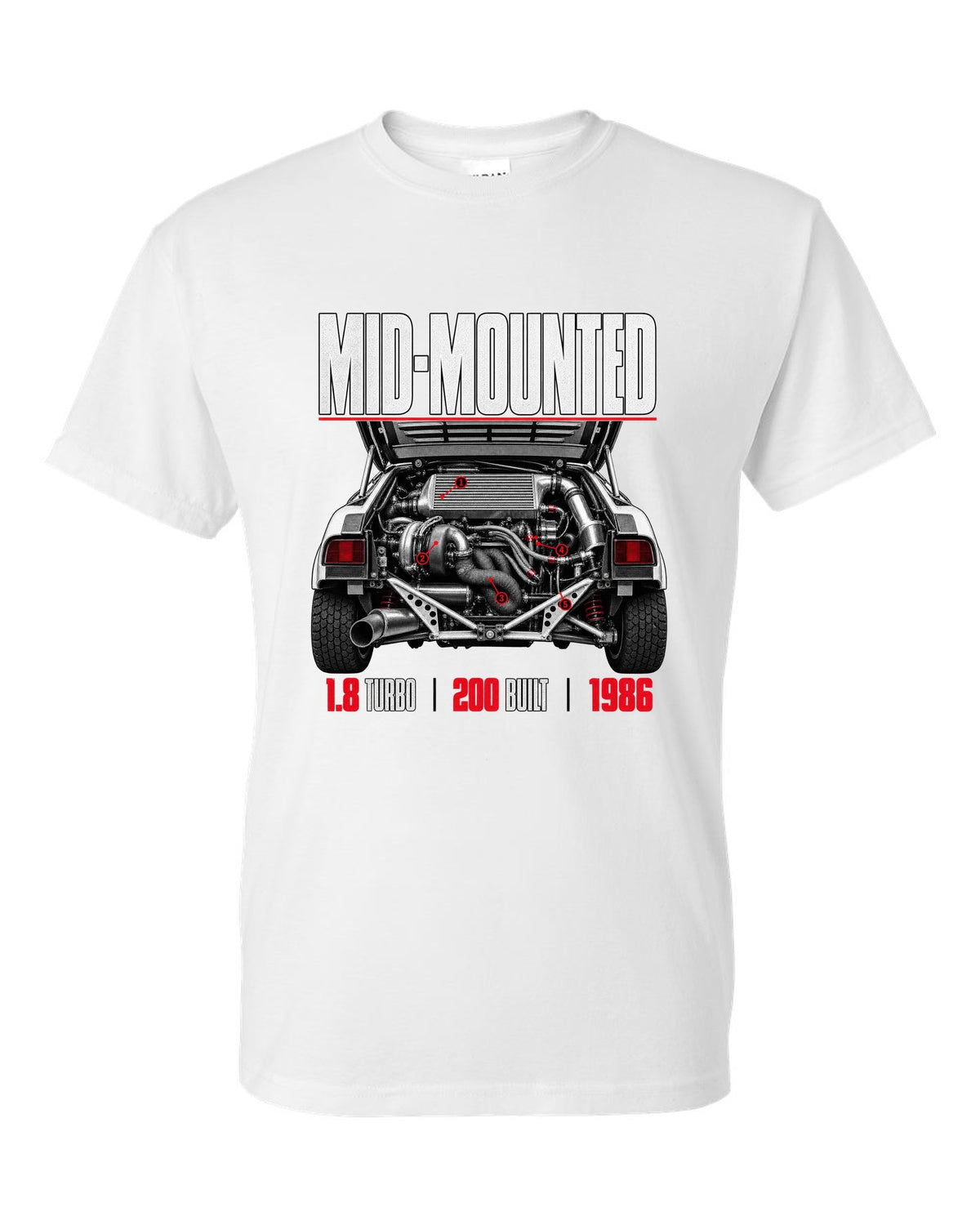 Ford RS200 Group B engine close-up print with mid-mounted turbo text white t-shirt front view with the design