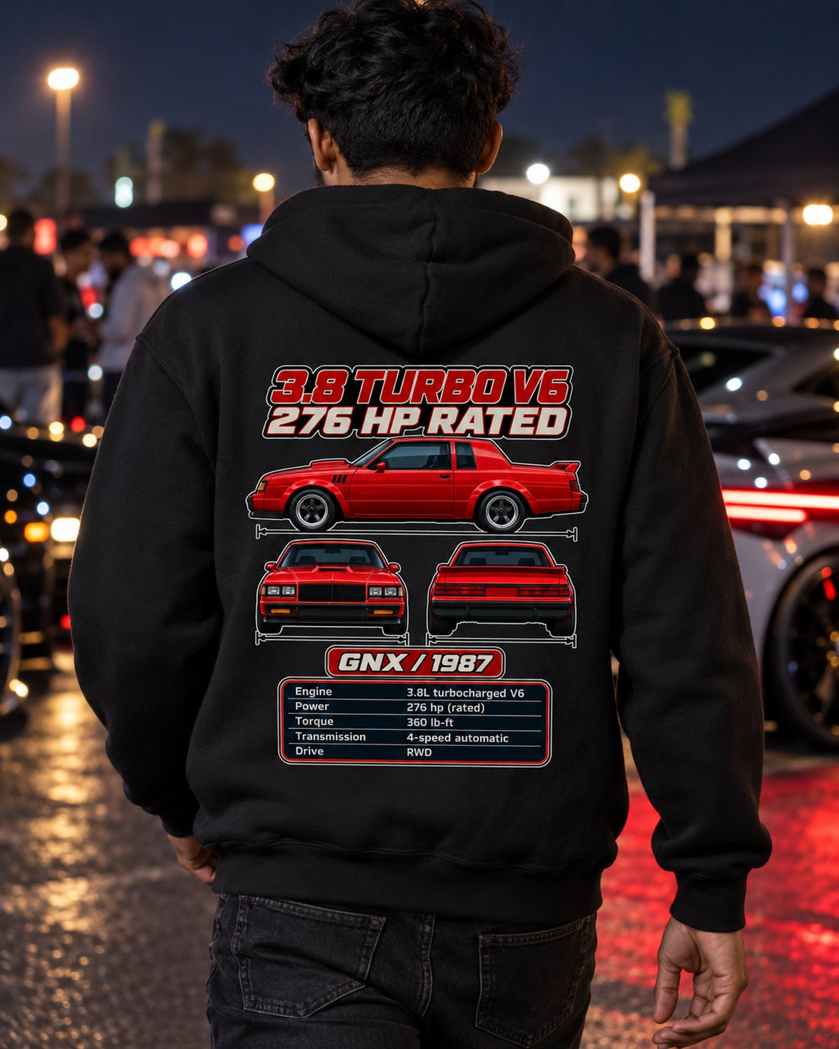 Buick Grand National Gnx Spec Sheet Full-Back Graphic Tee Pull Over Hoodie Black worn hero