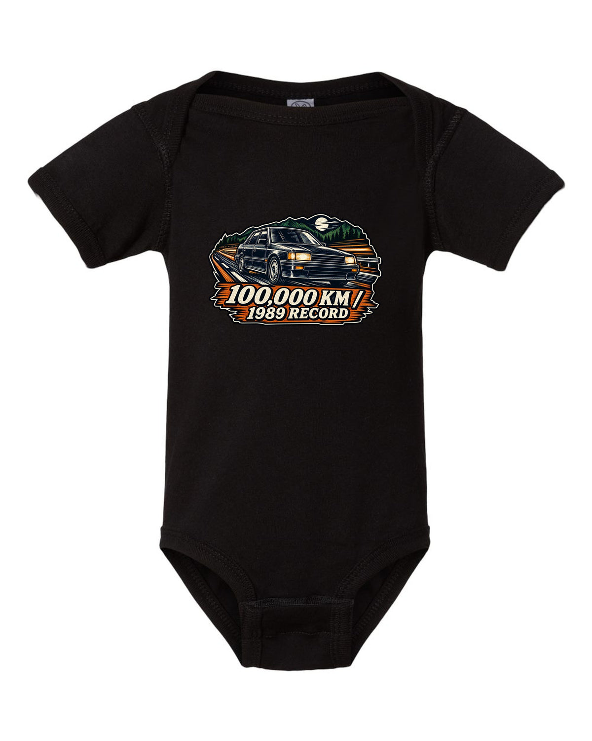 Linocut woodcut style illustration of a Subaru Legacy BC5 RS with 100,000 km 1989 record text black baby onesie front view with the design