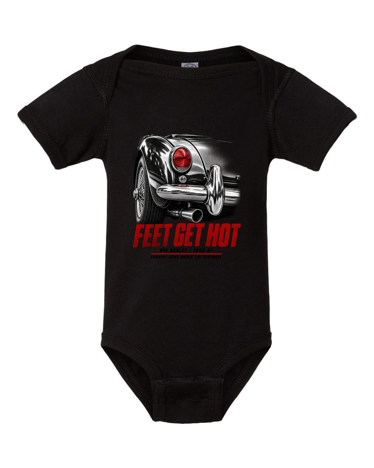 print of the rear taillight of a 1966 Austin-Healey 3000 Mk III BJ8 with hot feet lettering black baby onesie front view with the design