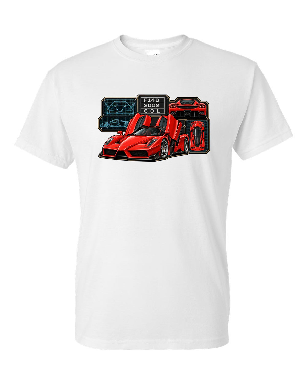 Spec-sheet data plate print of the Ferrari Enzo F140 with the text F140, 2002, 6.0 L white t-shirt front view with the design