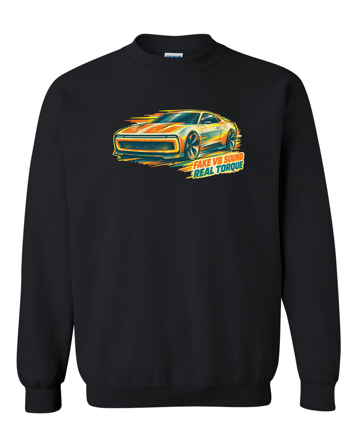 Risograph duotone illustration of a 2024 Dodge Charger Daytona EV black crewneck front view with the design