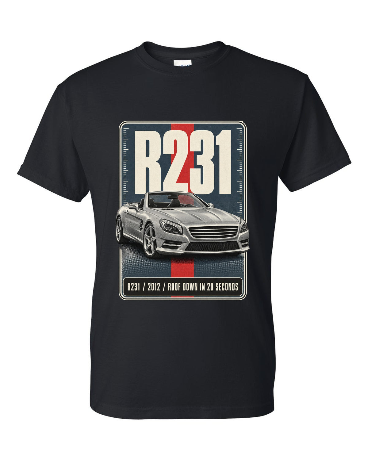 Mercedes-Benz SL R231 low front three-quarter halftone print in warm grey black t-shirt front view with the design