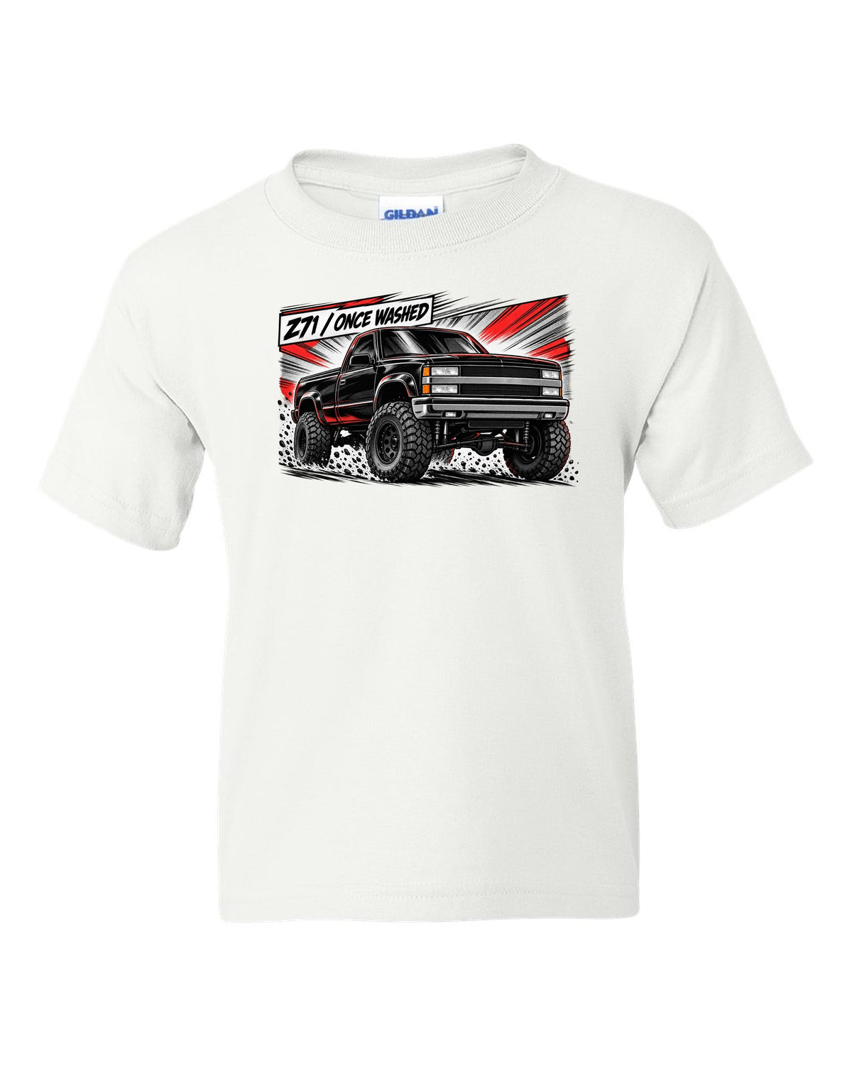 Retro manga halftone panel print of a 1988-98 Chevrolet GMT400 K1500 Z71 OBS with Z71 once washed lettering white kids tee front view with the design