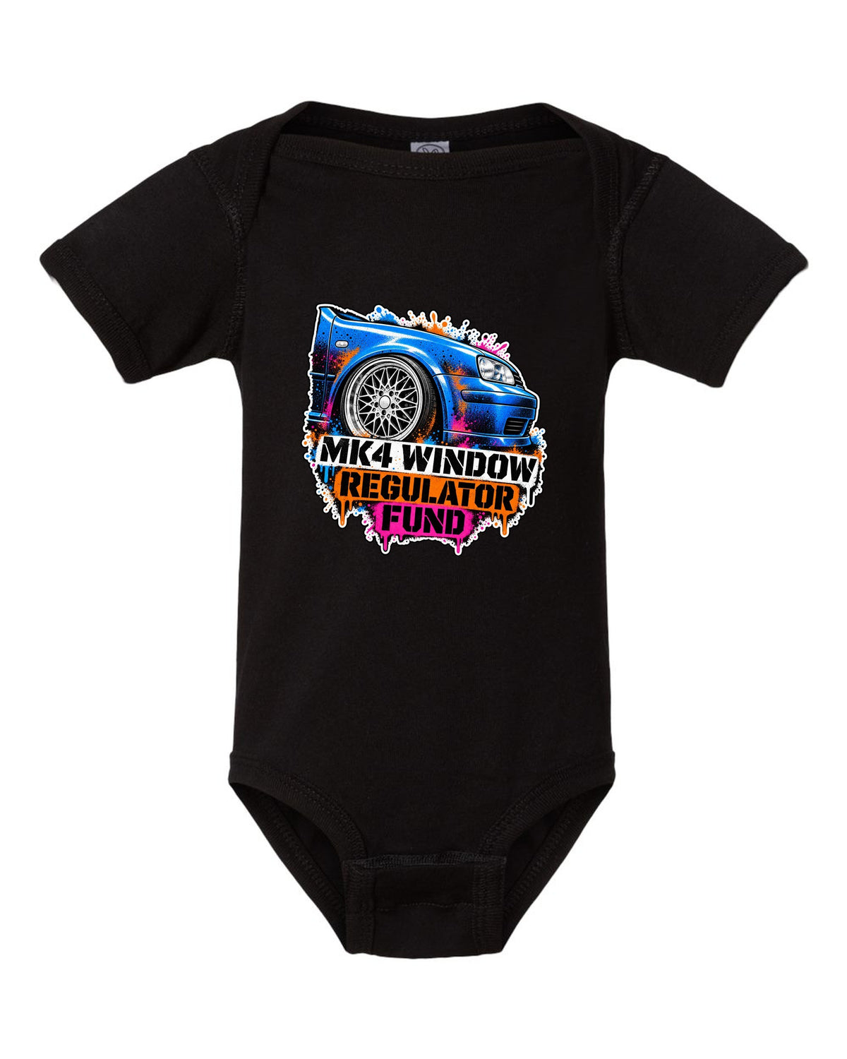 Stencil spray print of a VW Golf Mk4 with mesh wheels and window regulator fund text black baby onesie front view with the design