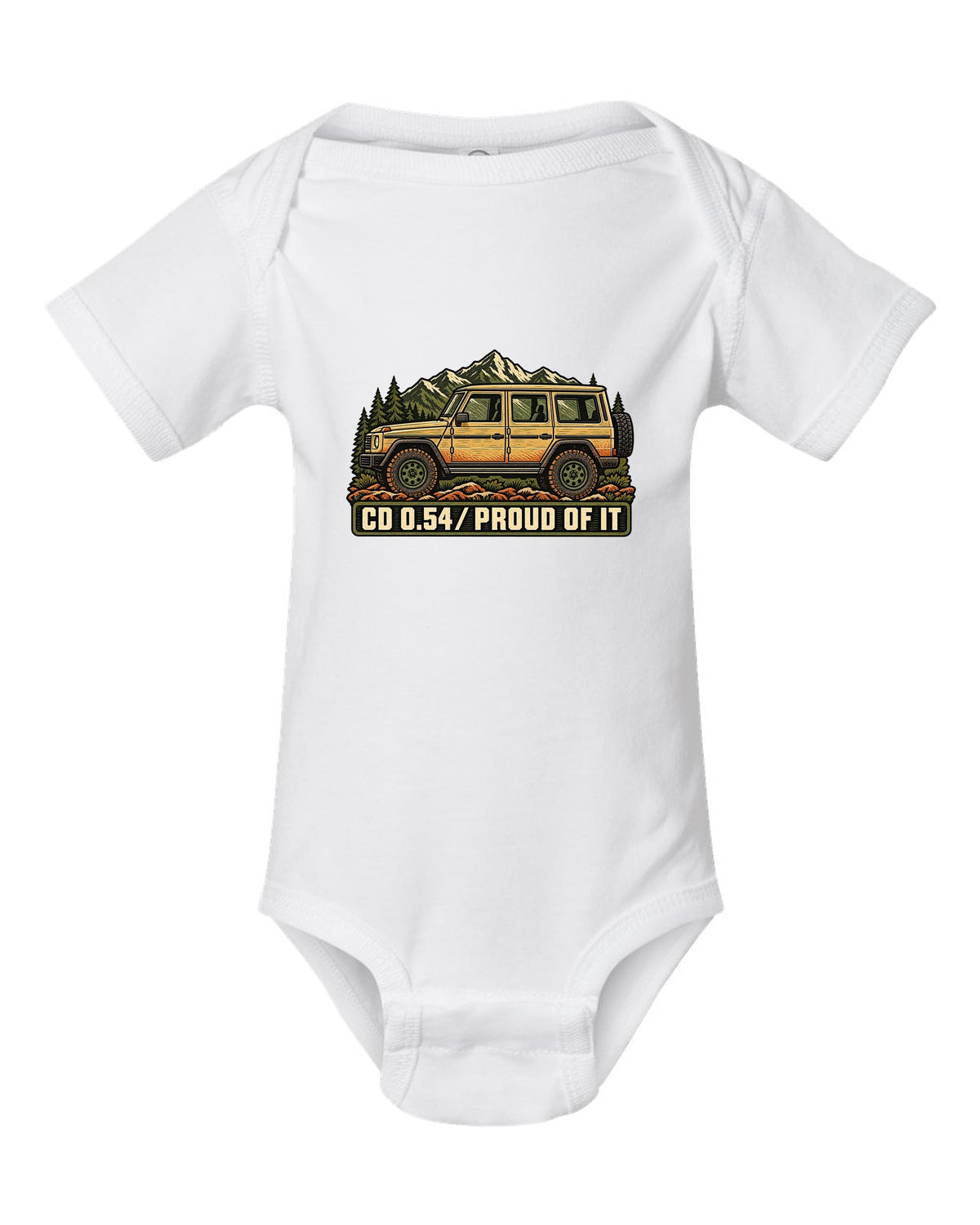 Mercedes G-Class W463 Dust and Hinges Linocut Profile white baby onesie front view with the design