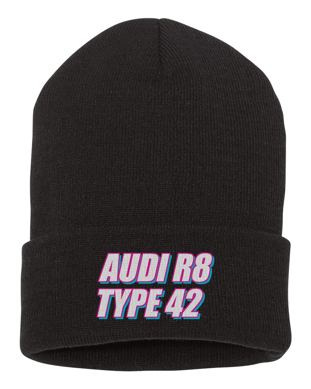 Audi R8 Type 42 black beanie front view with car name