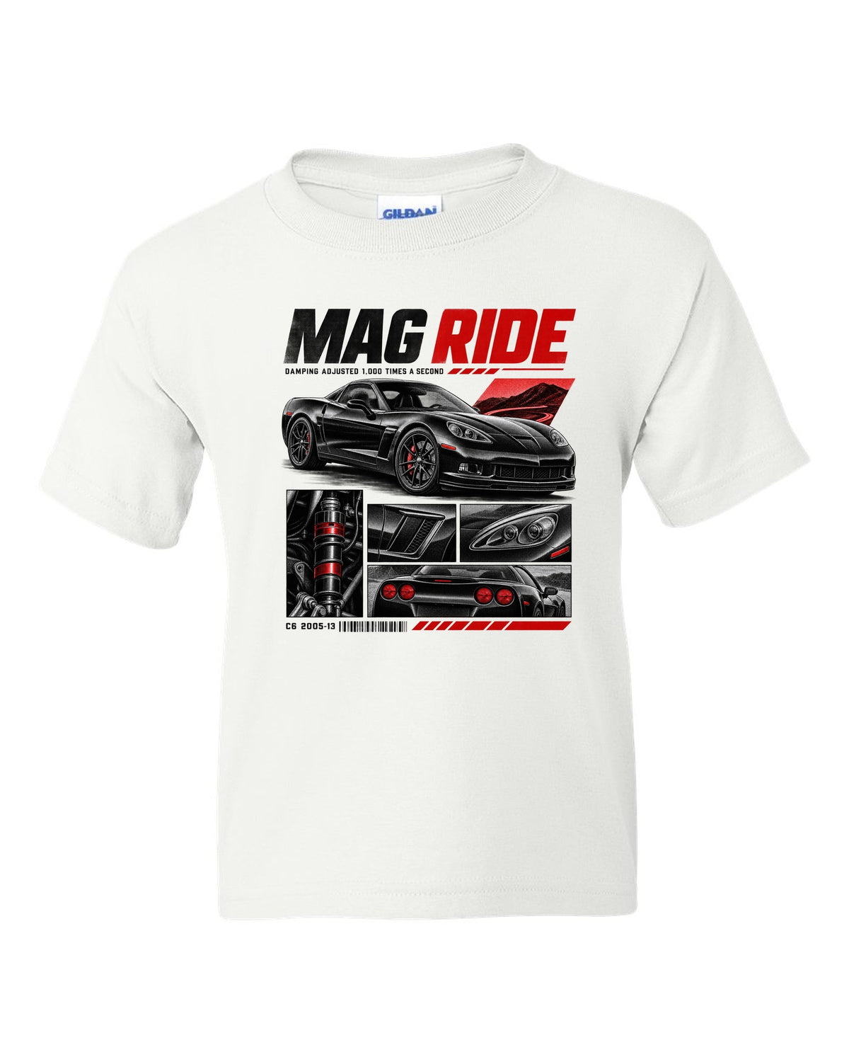 Corvette C6 coupe in dossier panels with magnetic ride text white kids tee front view with the design