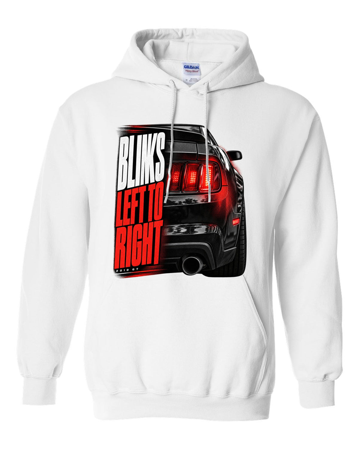 Macro print of a 2010 Ford Mustang S197 GT taillight white pull over hoodie front view with the design