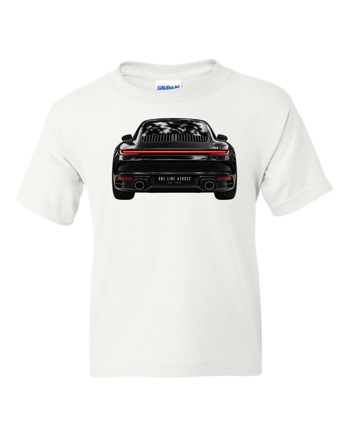 Taillight macro print of a 2019 Porsche 911 Carrera 992 rear light white kids tee front view with the design