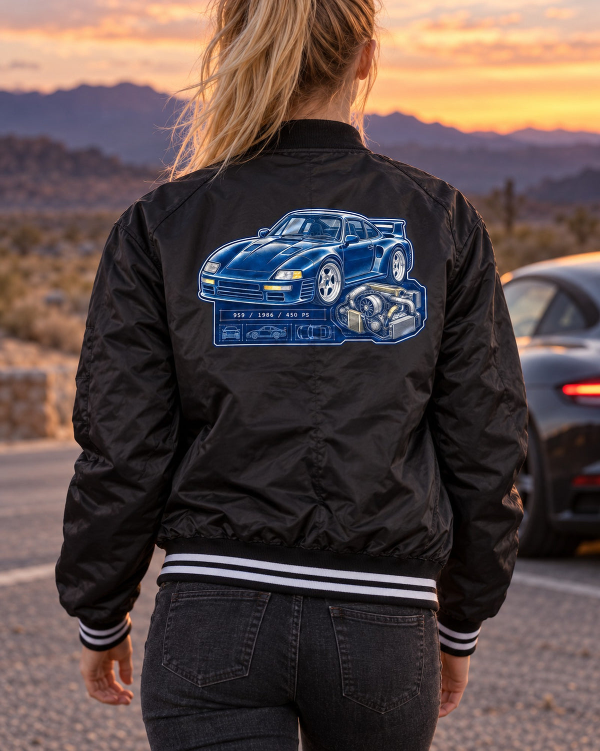 Porsche 959 Cyanotype Blueprint Shirt, 1986 450 PS Supercar Bomber Jacket Black worn hero