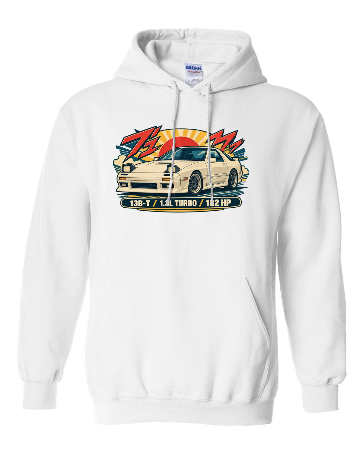 Risograph style overhead print of a Mazda MX-5 ND with the text ND 50:50 white pull over hoodie front view with the design