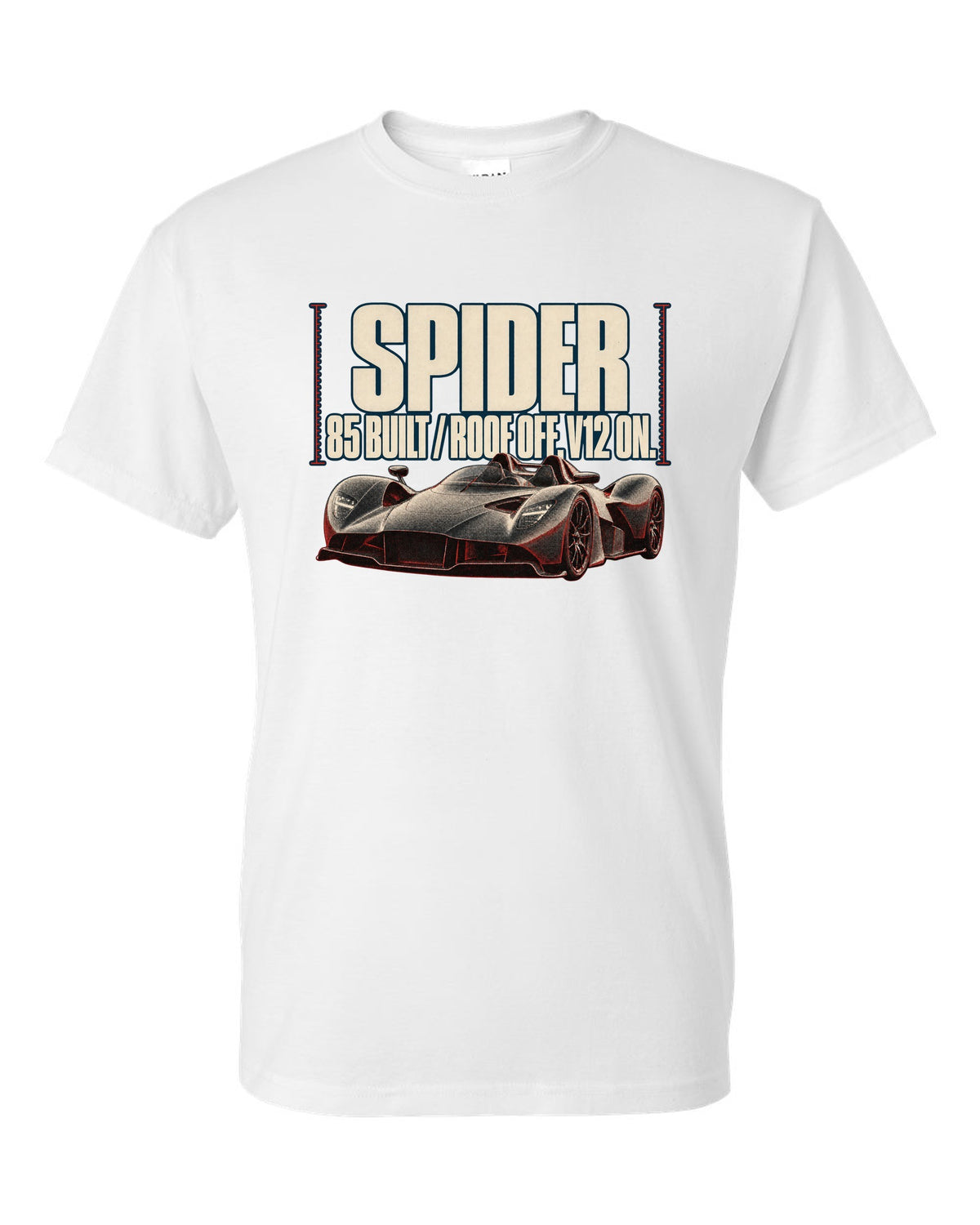 Aston Martin Valkyrie Spider 2022 halftone print with 85 built and roof off V12 on text white t-shirt front view with the design