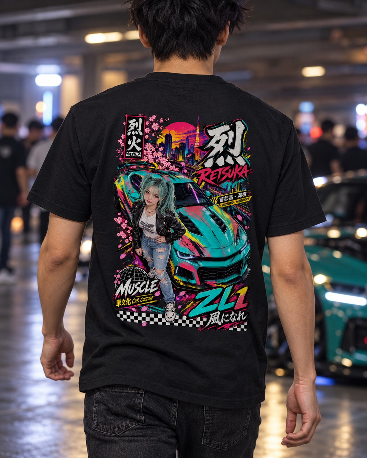 RETSUKA ZL1 Anime Girl Full-Back Graphic Tee T-Shirt Black worn hero