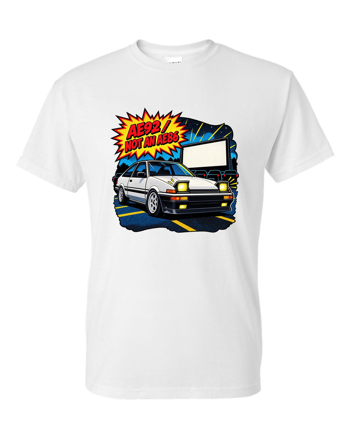 Comic halftone pop-art of a Toyota Corolla AE92 Trueno with the text AE92 Not an AE86 white t-shirt front view with the design