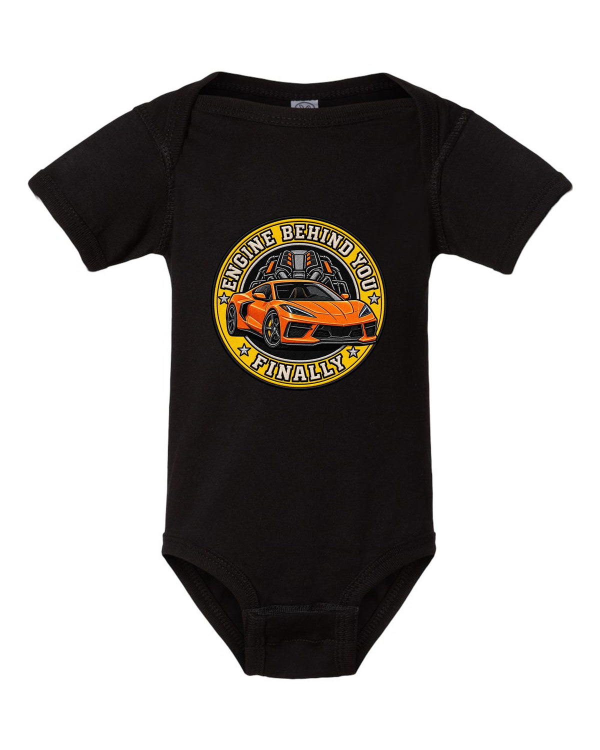 Varsity shield crest print of a 2020 Chevrolet Corvette C8 Stingray with engine behind you finally lettering black baby onesie front view with the design